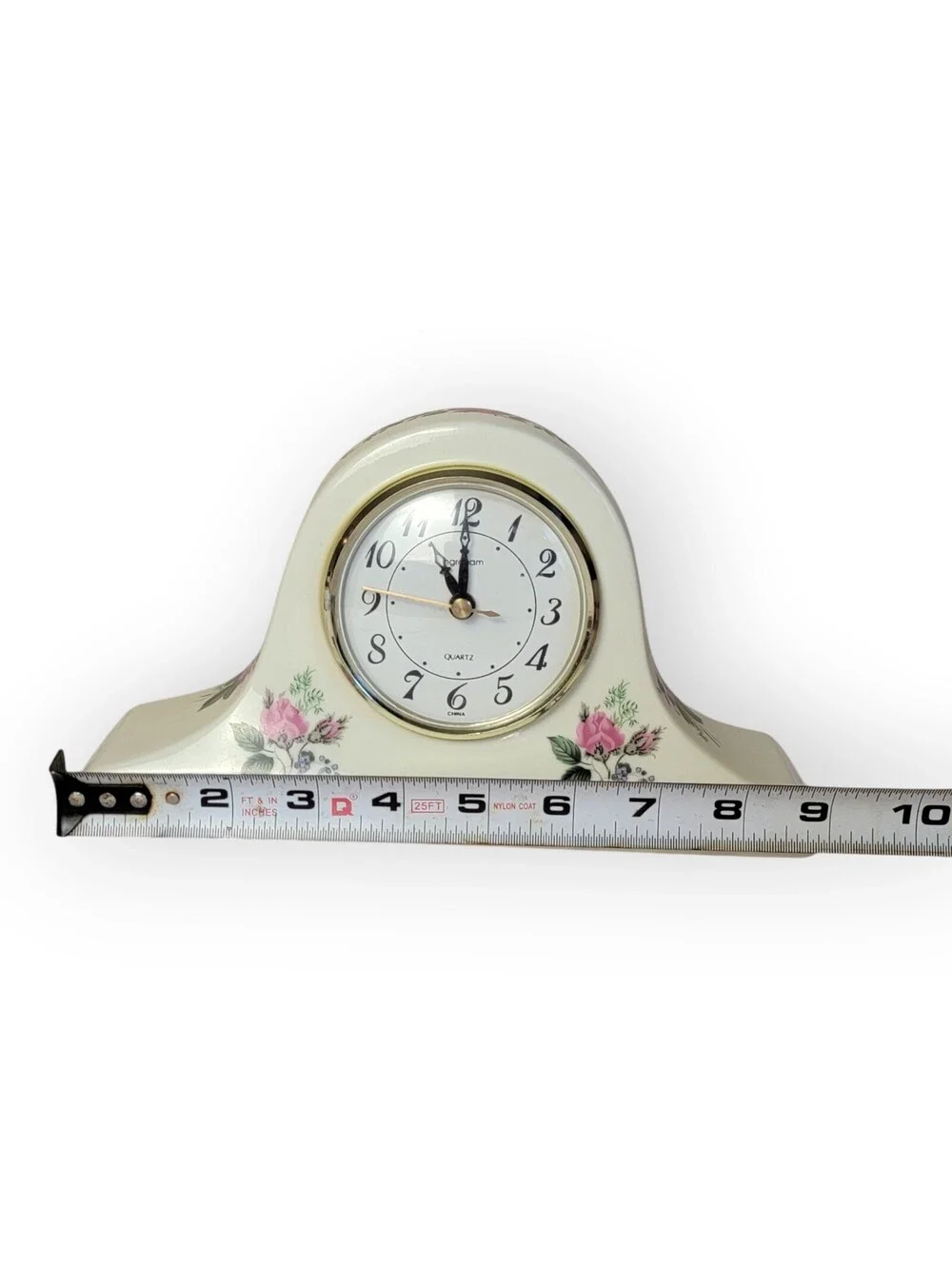 Quartzom Vintage Ceramic Mantel Clock with Pink Rose Floral Design